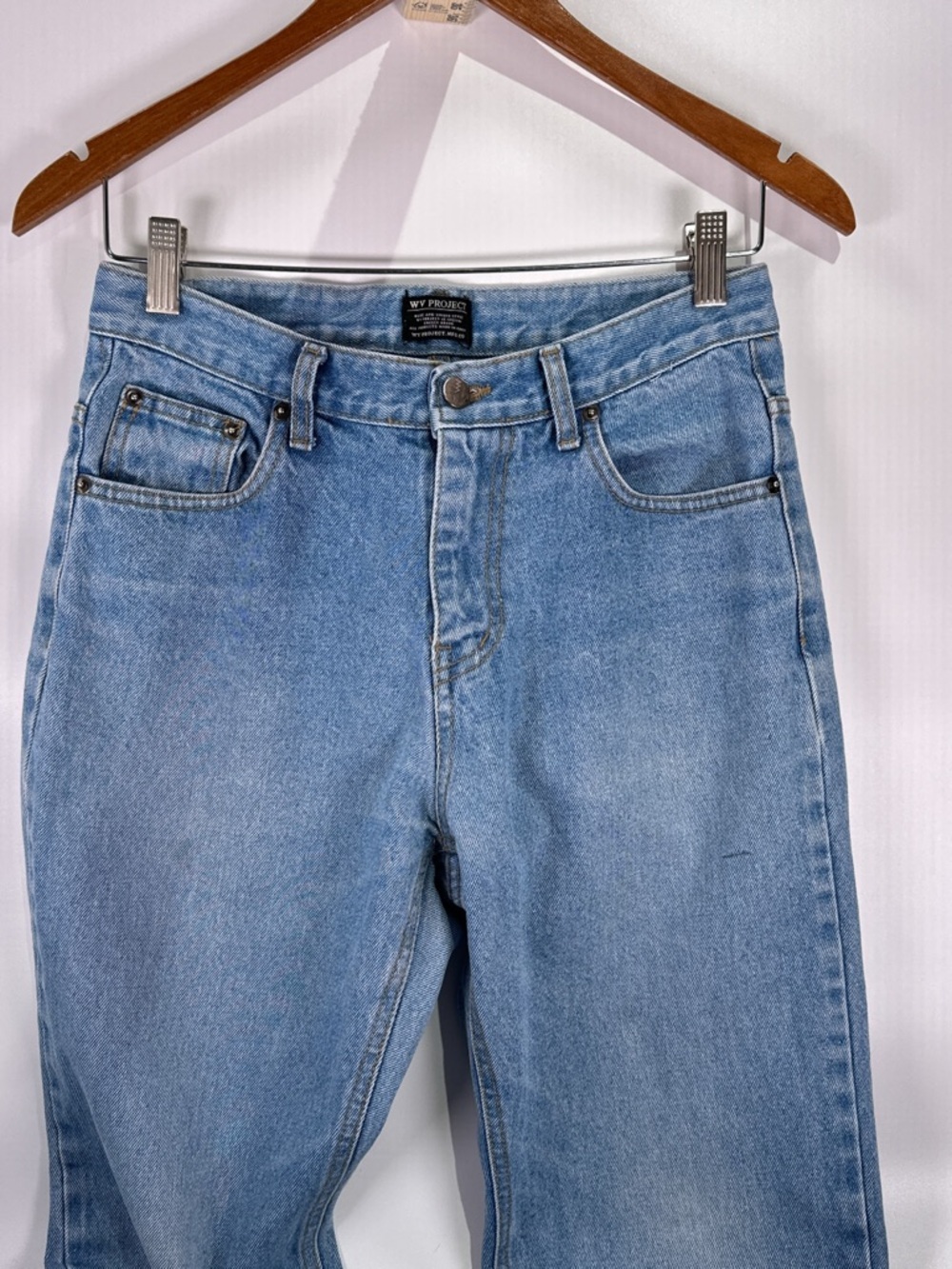 WV Project Straight Leg Jeans Raw Hem Zigzag Pockets Denim Light Wash L - Picture 3 of 15